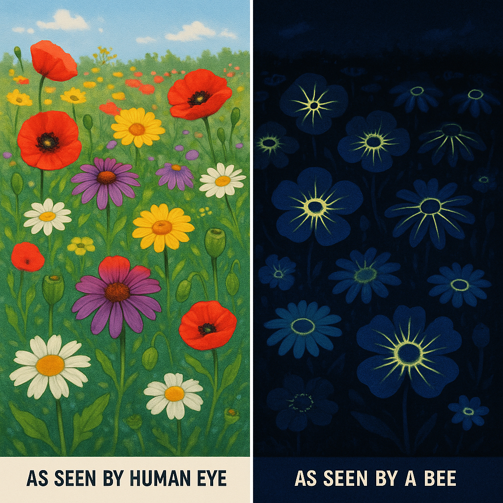 Comparison of flowers seen by human eye versus hidden nectar guides visible to bees under UV light.