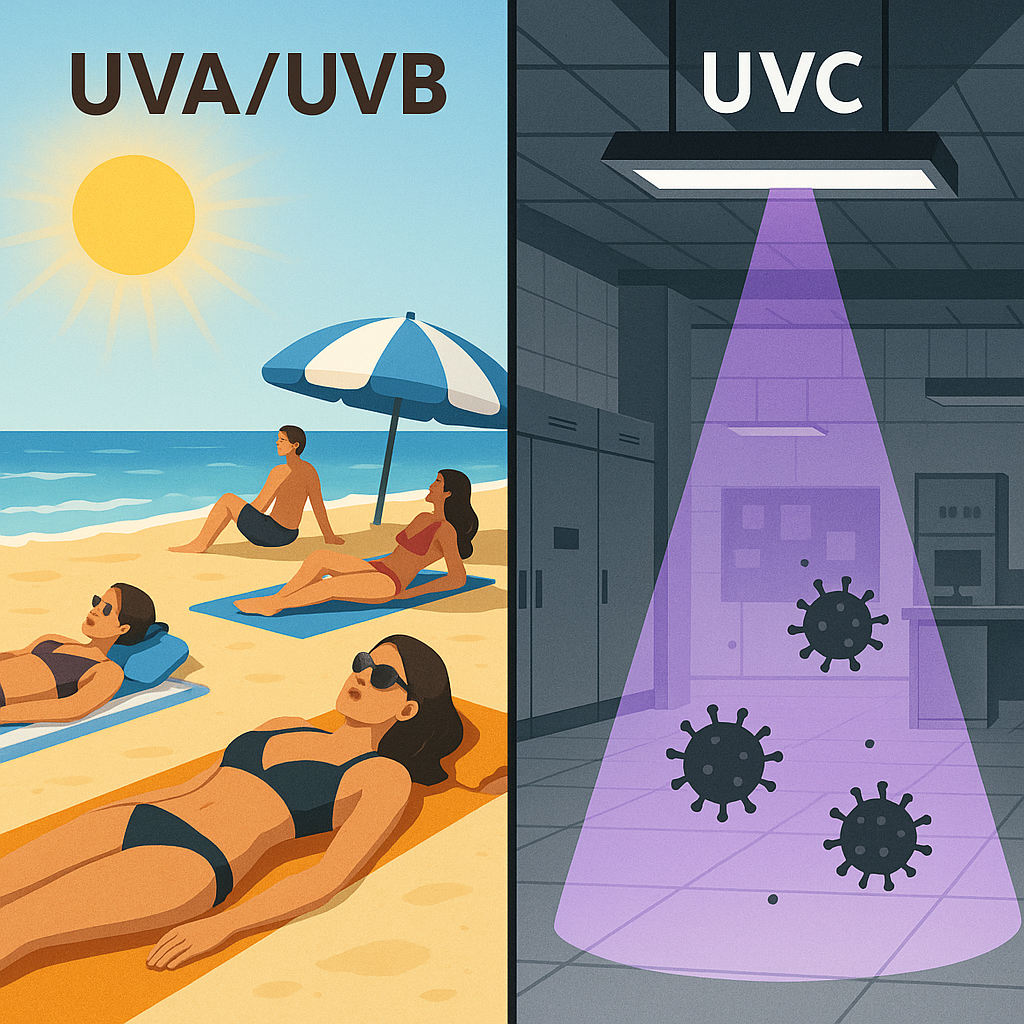 Comparison of UV from sun (tanning) versus germicidal **UVC light** in a clean disinfection setting.