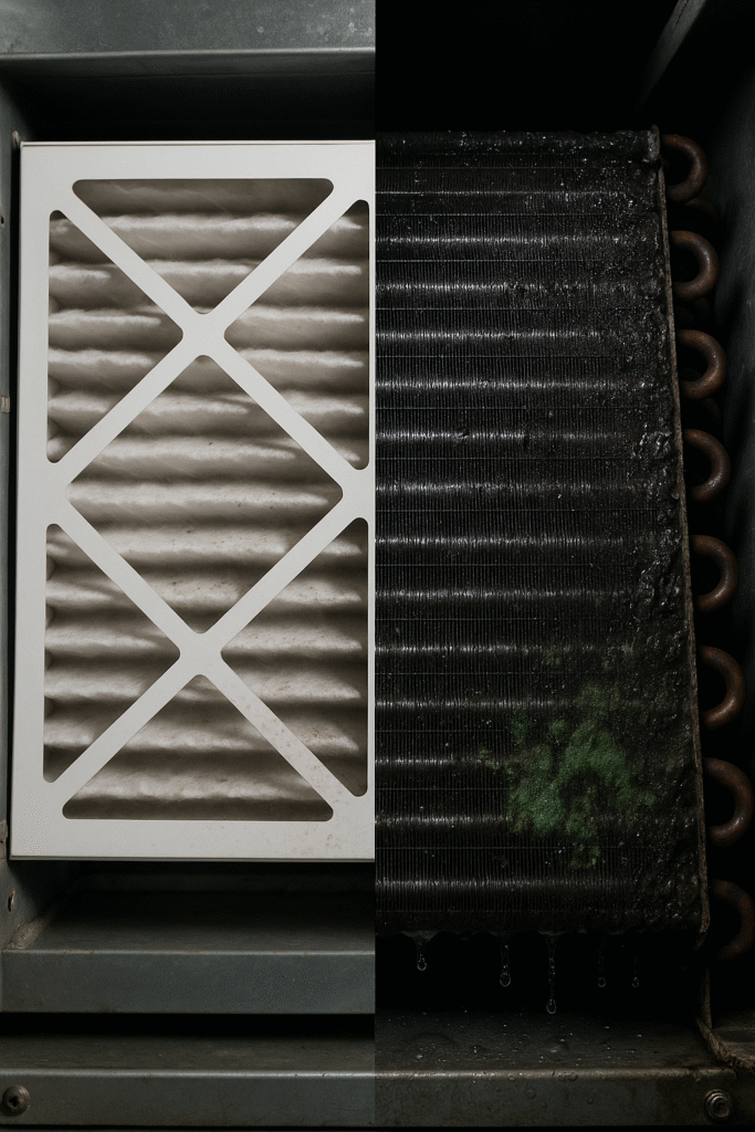 HVAC filter and dirty cooling coil with mold, illustrating the limitations of air filters and the need for UVC sterilization to prevent biofilm in AHUs.