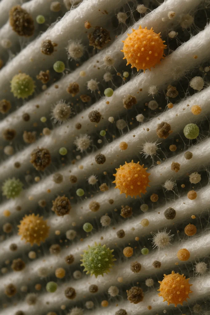 Close-up cross-section of a HEPA filter trapping microscopic dust, pollen, and allergens.