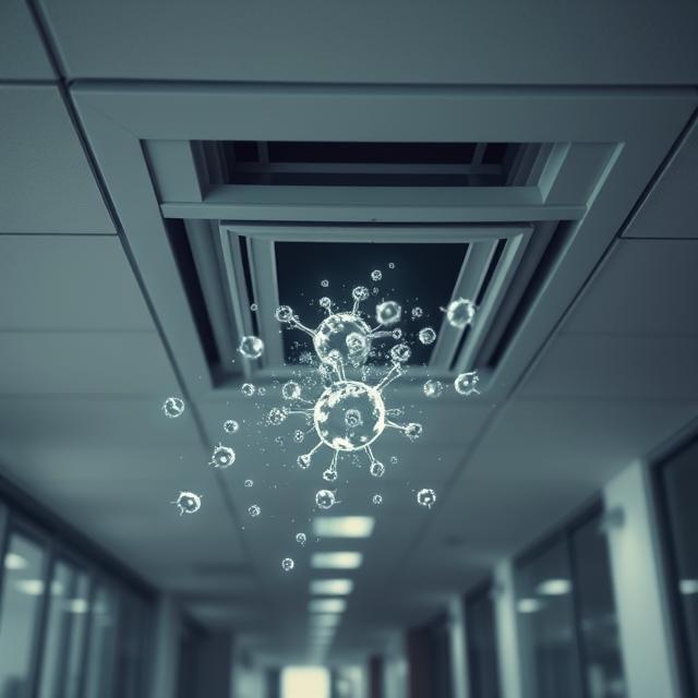 HVAC vent showing airborne germs and pathogens, representing unhealthy office indoor air quality and the unseen threats in commercial buildings that can be solved with a UVC Off-Coil Sterilizer.