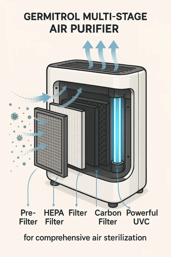 Germitrol multi-stage air purifier diagram showing pre-filter, HEPA, carbon, and powerful UVC for comprehensive air sterilization.