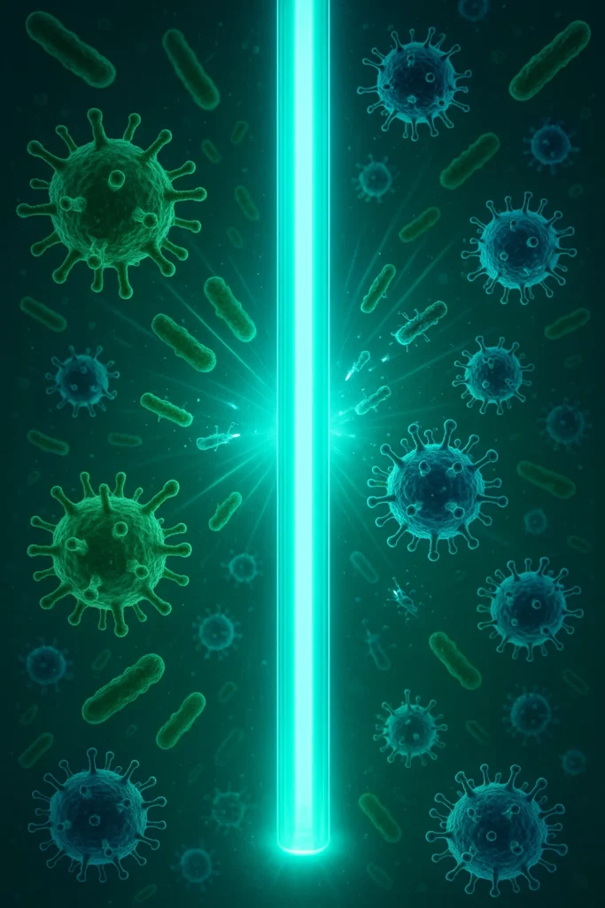 Conceptual image of powerful UVC light inactivating airborne viruses and bacteria for air sterilization.