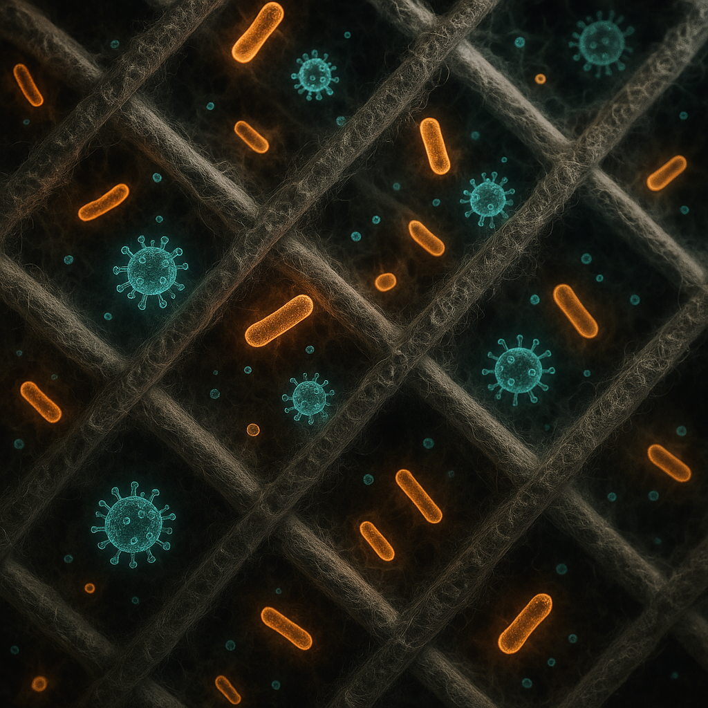 Microbial and dust accumulation on a neglected air filter highlights the vital importance of regular **air purifier maintenance** to prevent contamination.