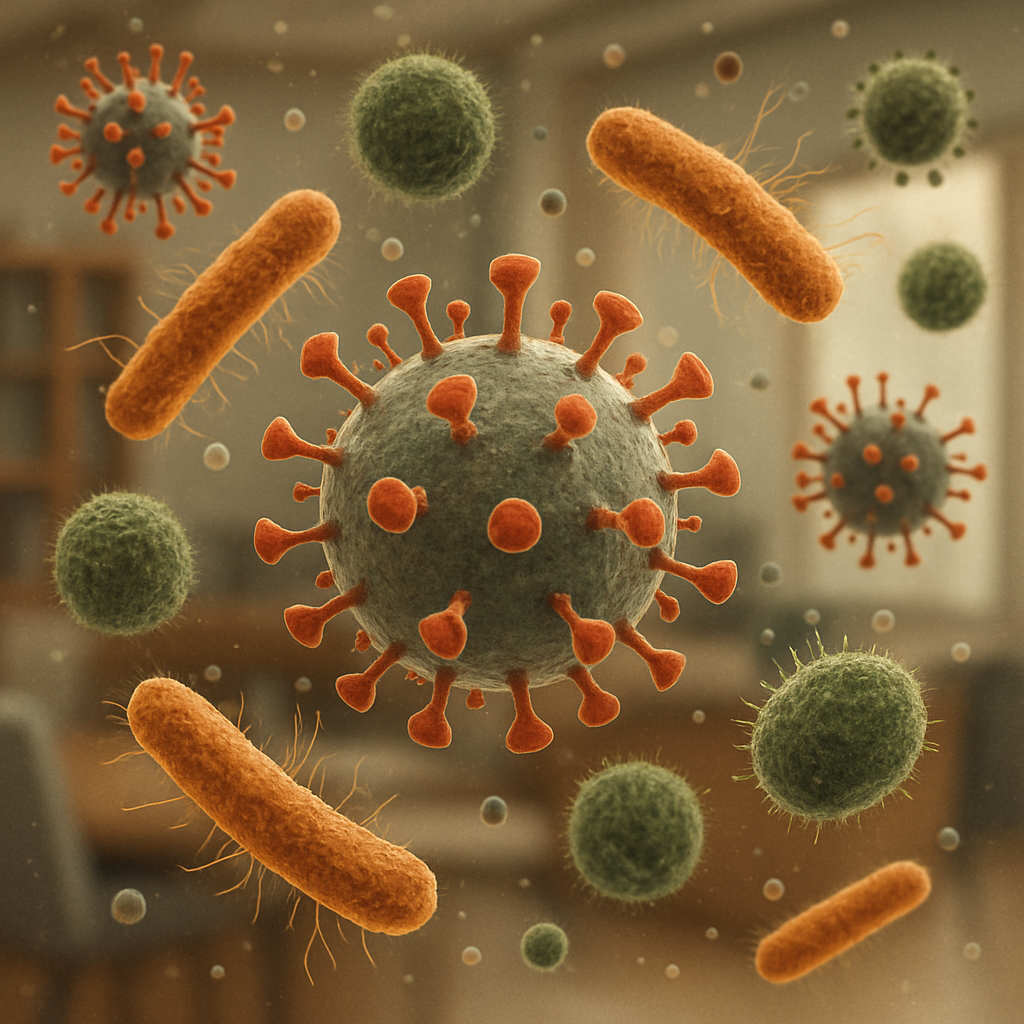 Magnified view of invisible airborne threats like viruses, bacteria, and mold spores floating in typical indoor air.