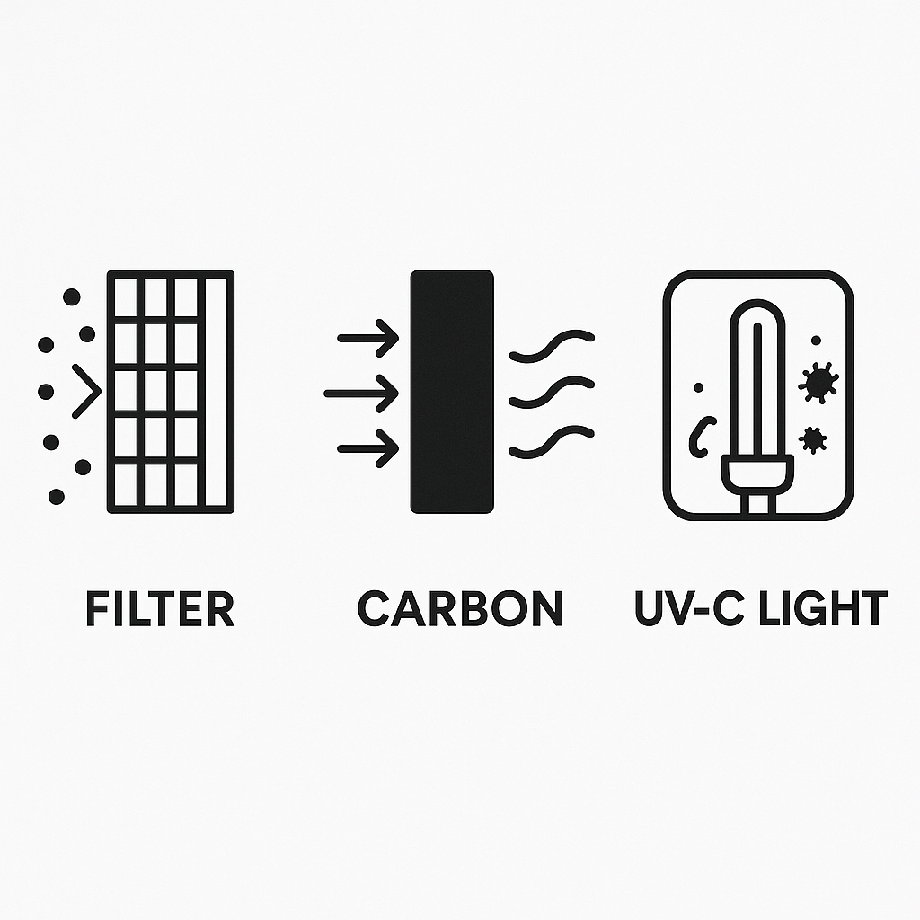 Infographic comparing air purification methods: HEPA filters trapping particles, activated carbon absorbing gases, and UVC light sterilizing microorganisms.