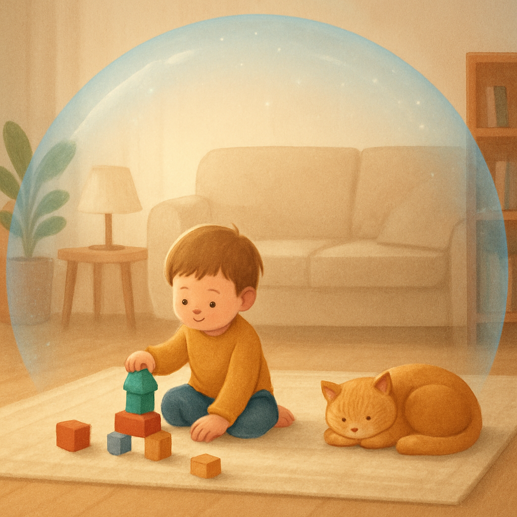 Child and pet safely enjoying clean indoor air, illustrating the contained and safe nature of UVC air sterilization.