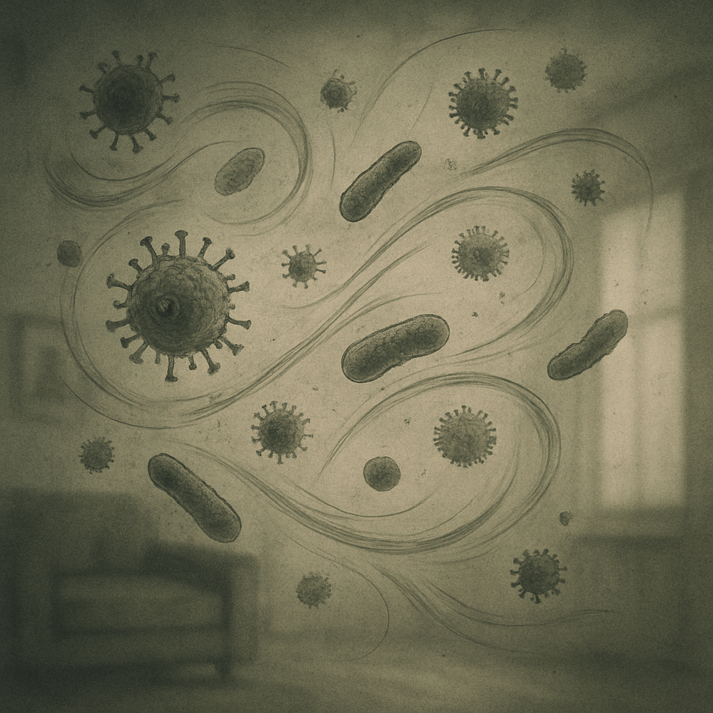 Abstract visualization of invisible airborne threats like viruses, bacteria, dust, and pollen swirling in indoor air, posing risks to vulnerable individuals with critical illness.