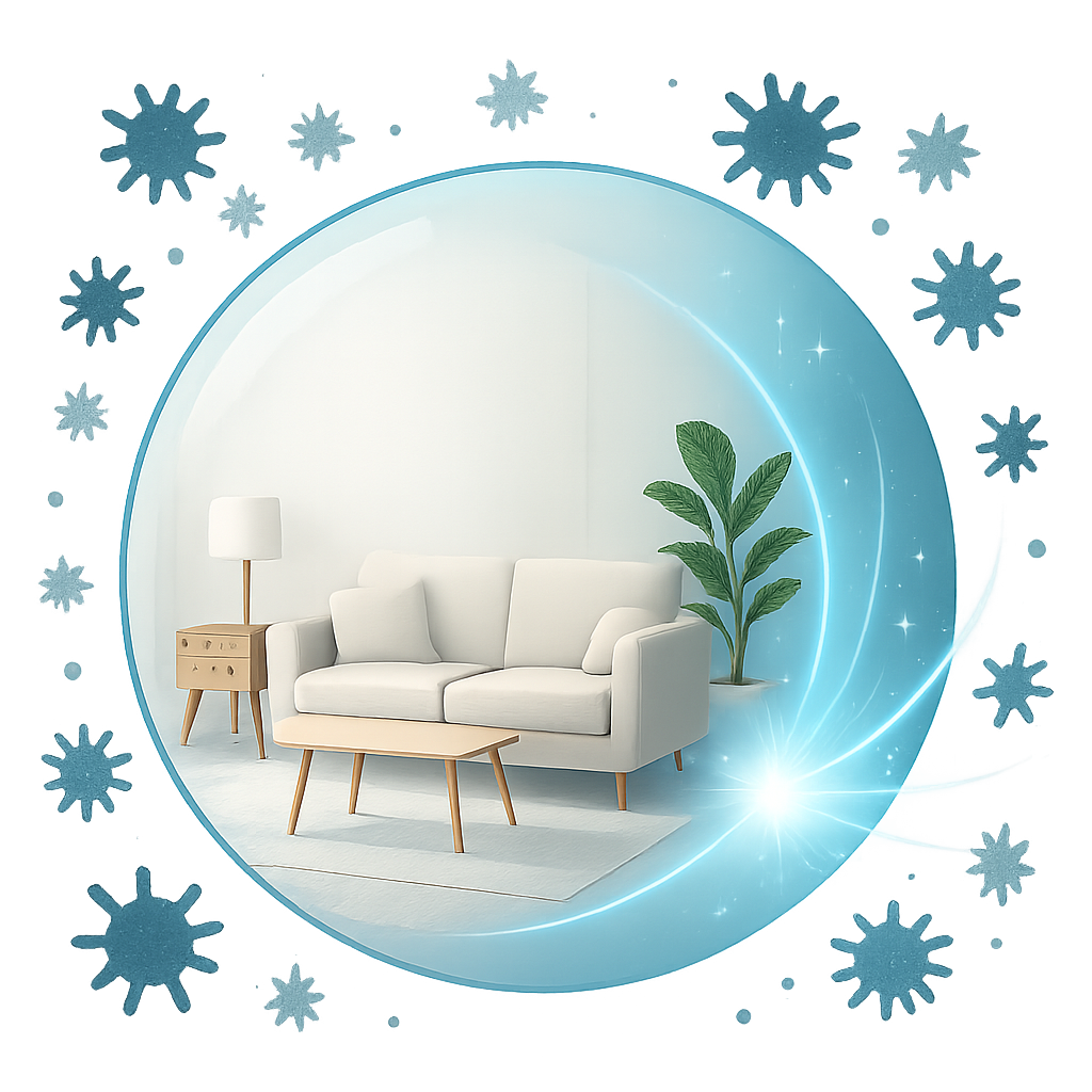 Conceptual graphic showing a protective bubble around a clean indoor space, with UVC light actively neutralizing pathogens, symbolizing a safety net for those with critical illness.