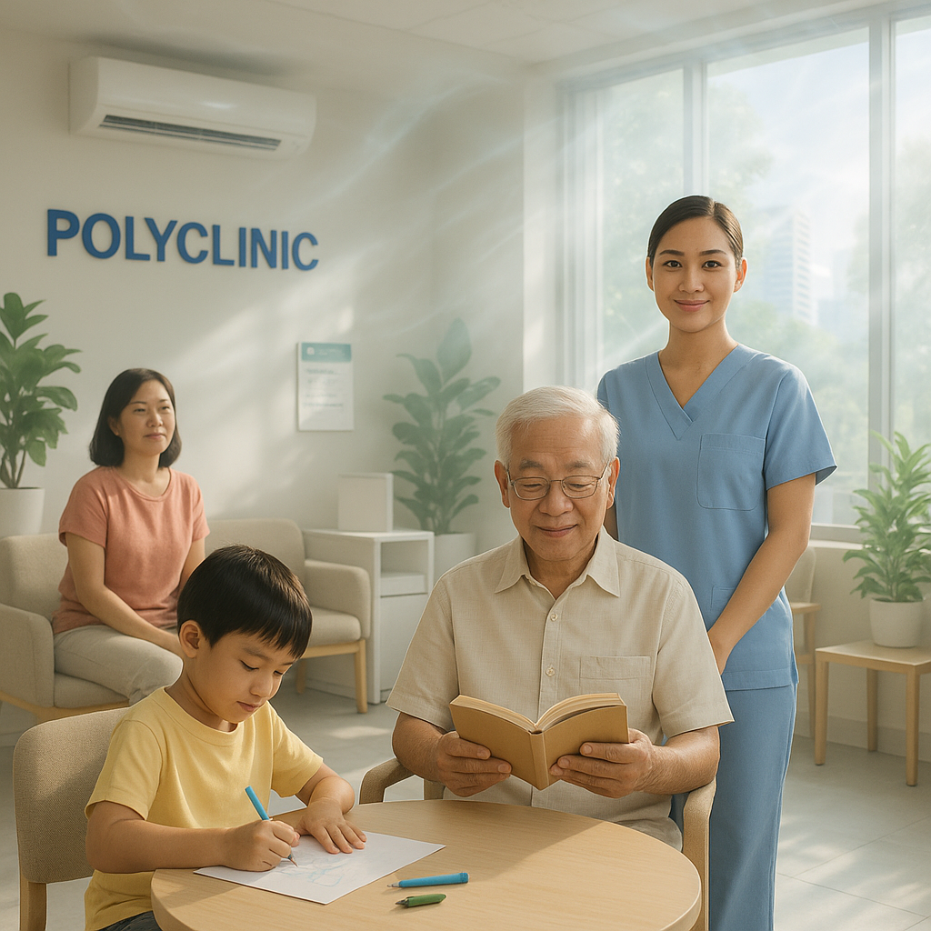 Diverse patients and a healthcare worker relaxing in a bright, clean polyclinic waiting area, symbolizing a healthy and safe indoor environment.