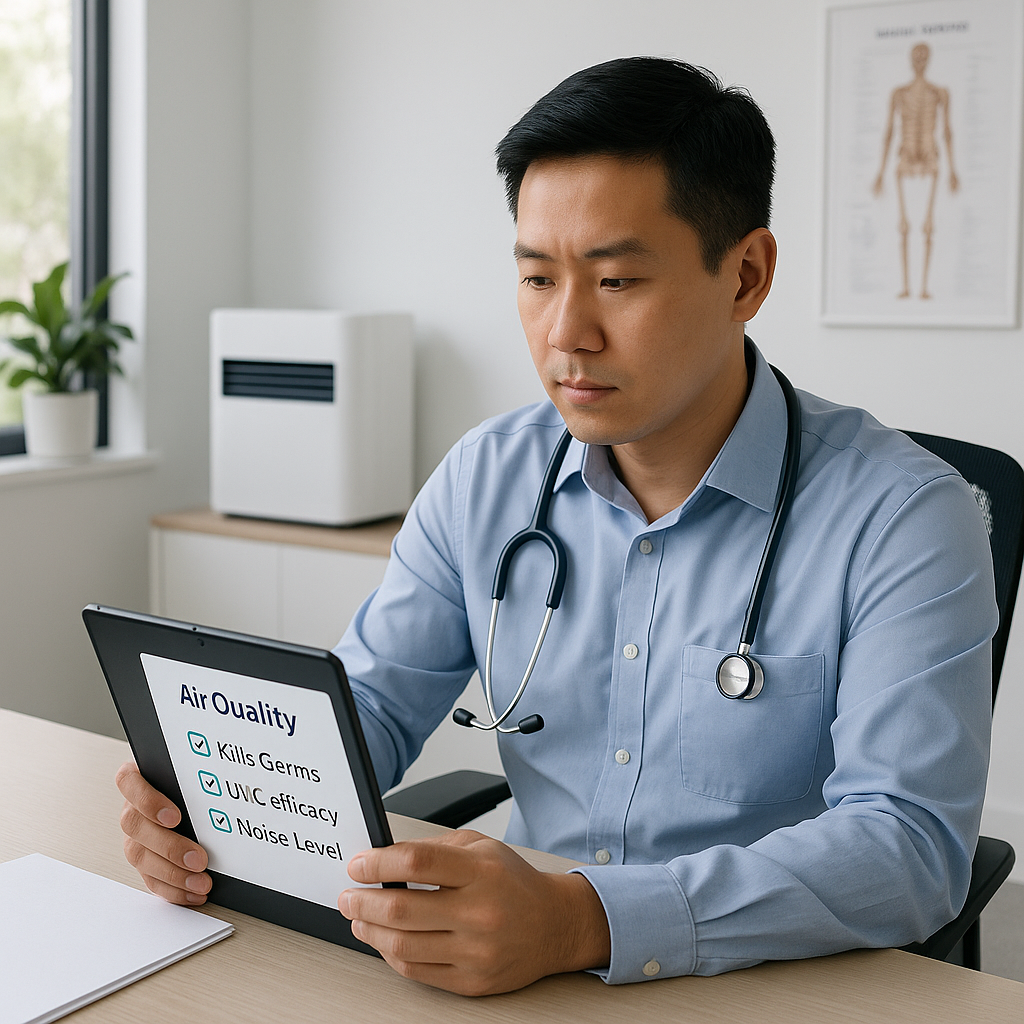A healthcare worker analyzing air quality metrics on a tablet in a clinical setting, highlighting germ control, UVC efficacy, and noise level.