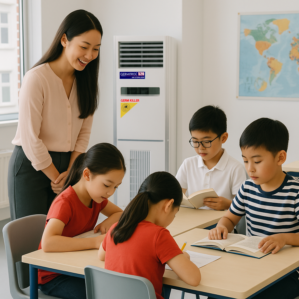 Students and teacher in a clean Singapore classroom with a Germitrol UVC air purifier