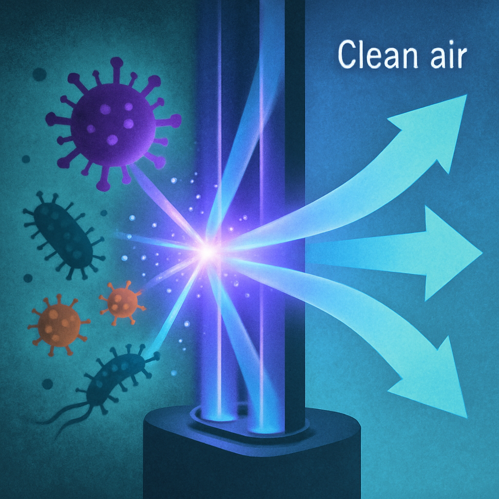 Illustration showing UVC light inactivating airborne pathogens inside an air purifier