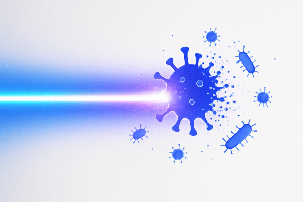 Conceptual illustration showing a powerful purple UV-C light beam passing through the air and destroying airborne virus and bacteria particles.