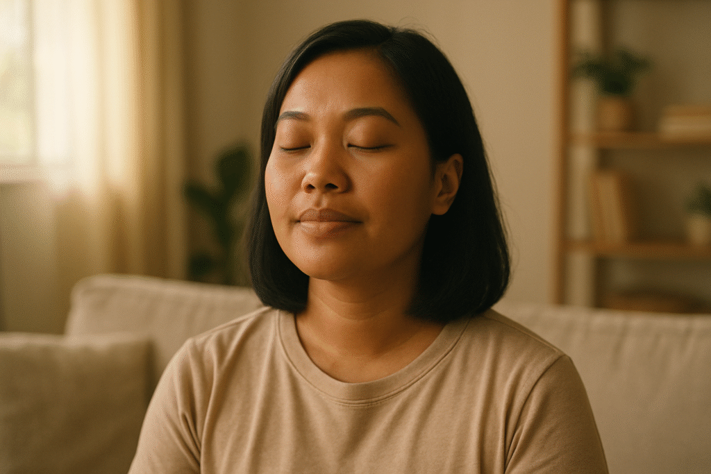 A close-up portrait of a woman with a peaceful and serene expression, taking a deep breath of clean air in her home.
