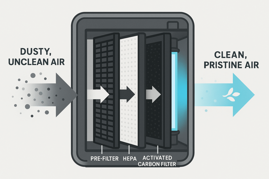 Diagram of a UVC air sterilizer's internal workings, illustrating how the multi-stage filtration improves office air quality.