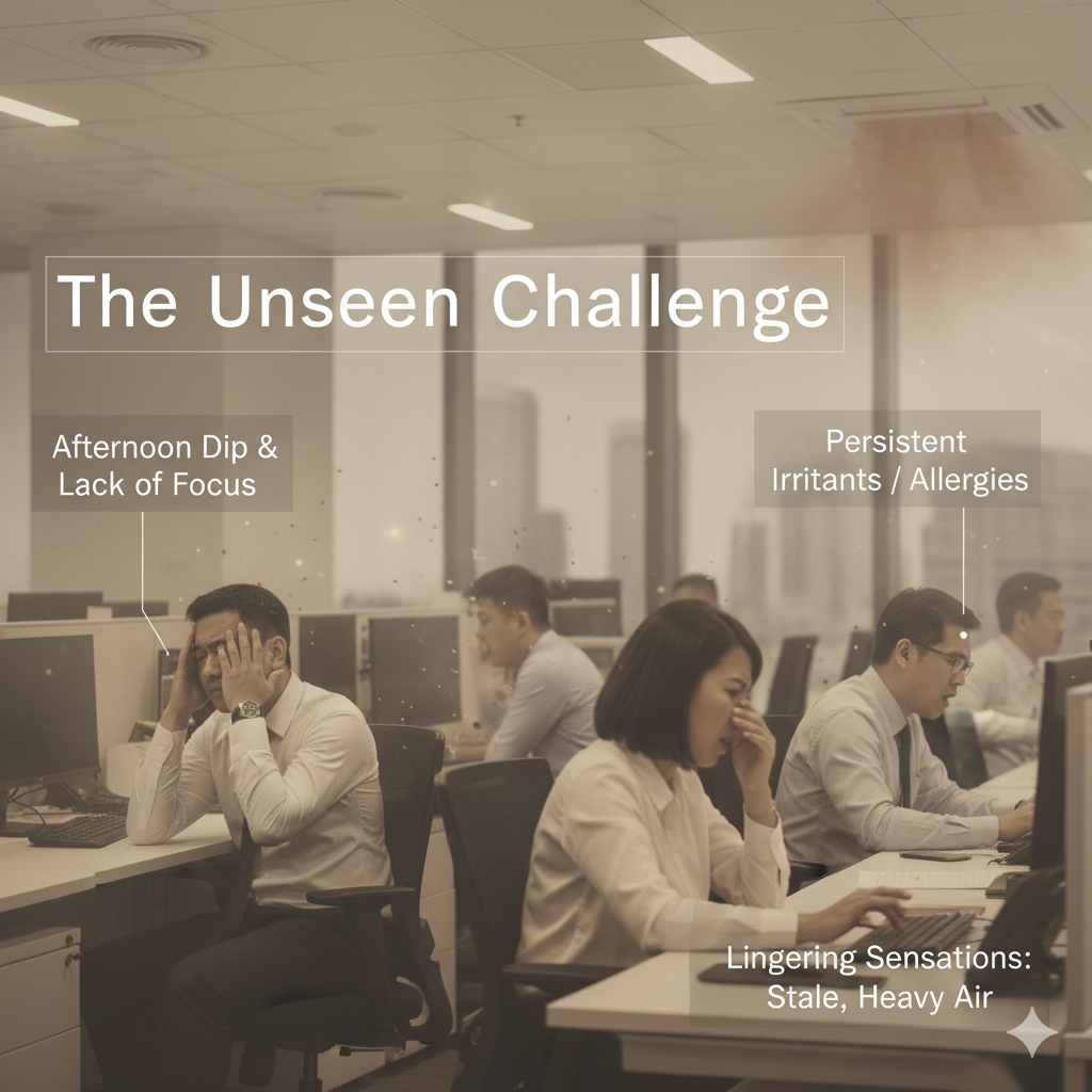 A tired office worker rubbing his temples, demonstrating the negative effects of poor workplace air quality on employee focus and well-being.