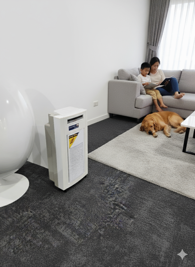 A happy family enjoying a peaceful, clean home, symbolizing the clean air gift for health and well-being.