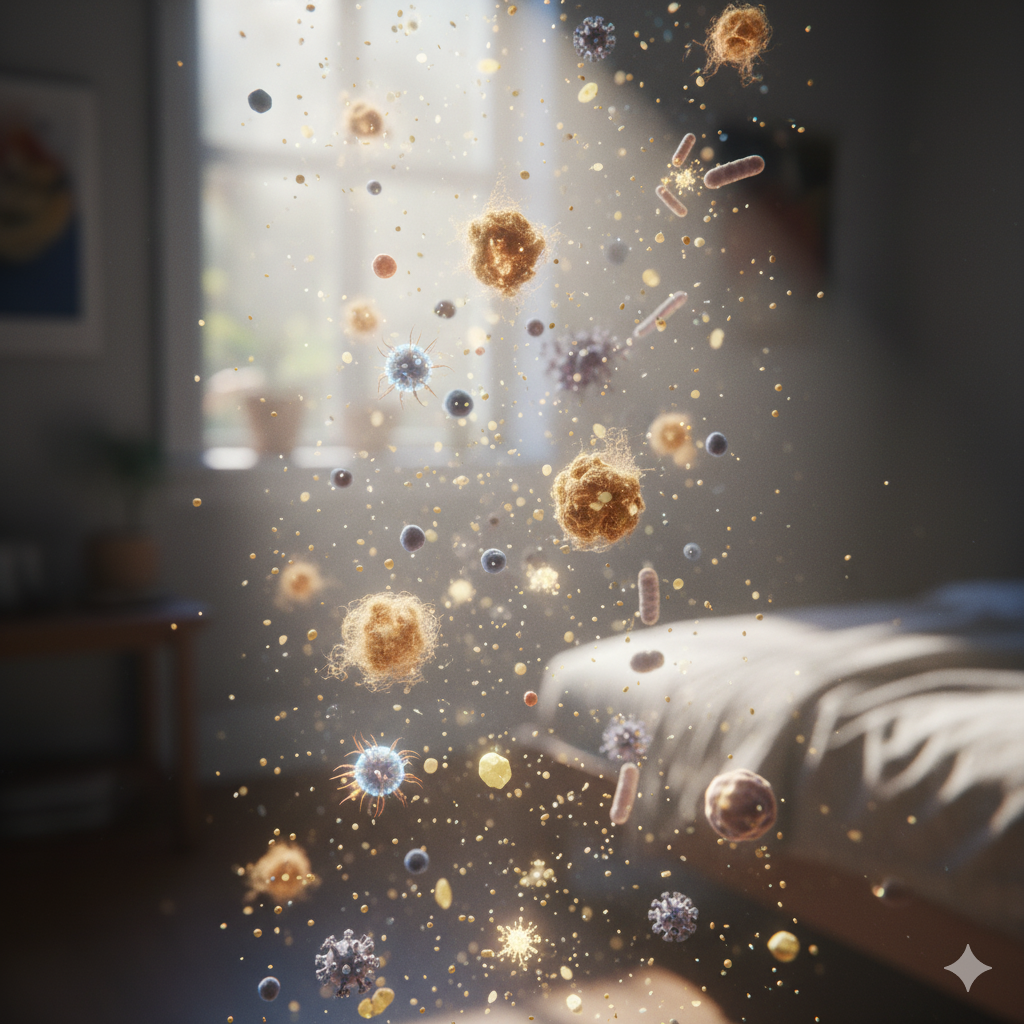 Microscopic visualization of invisible indoor air pollutants like dust mites, dander, and viruses that sabotage sleep quality.
