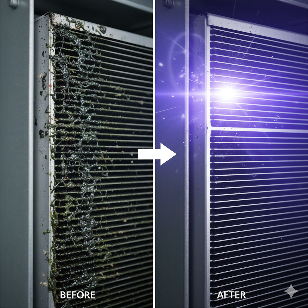 Before and after comparison showing UVC Sterilizers eliminating biofilm from HVAC coils.
