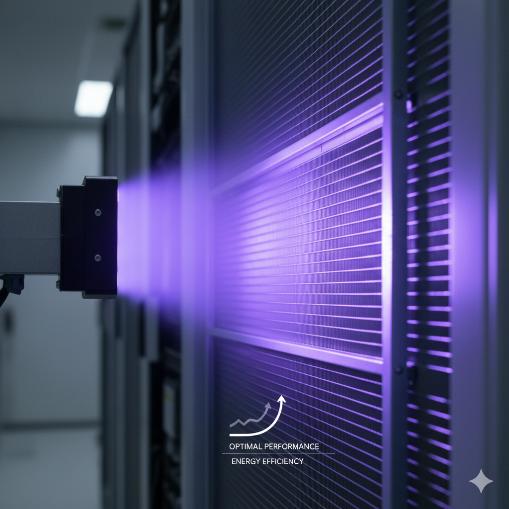 UVC Sterilizers illuminating clean HVAC coils, symbolizing advanced air purification and energy efficiency.
