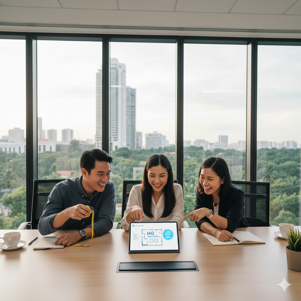 Colleagues in a Singapore office using a simple sizing calculator on a tablet, illustrating the first step of the Germitrol Air Purifier Buying Guide.