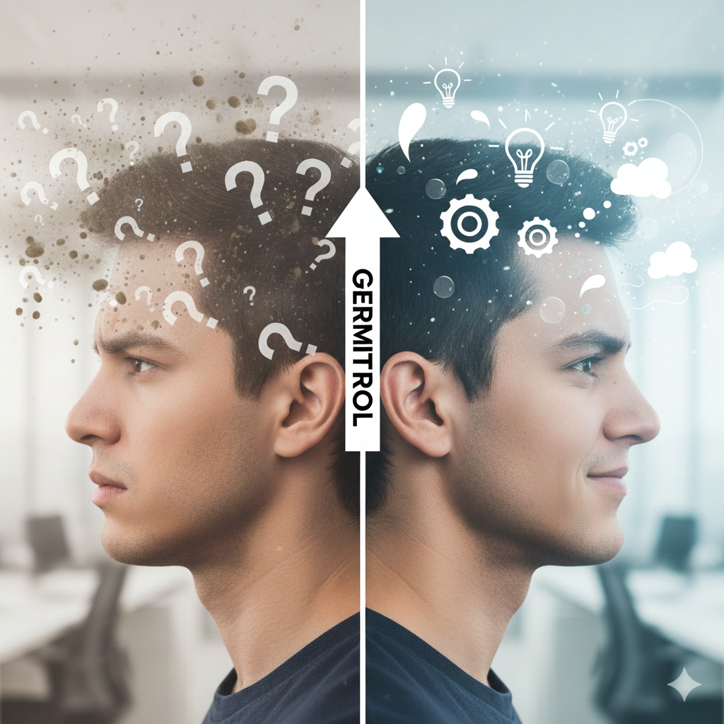 Visualizing **Indoor Air Quality Productivity**: Left shows confusion from pollutants, right shows clear thinking and confidence in clean air.