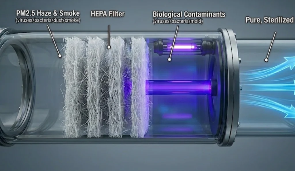 A 3D macro diagram illustrating a multi-stage air purification process: 'PM2.5 Haze & Smoke (viruses/bacteria/dust/smoke)' passes through fibrous 'HEPA Filter' layers, followed by a glowing 'UV-C' lamp stage targeting 'Biological Contaminants (viruses/bacteria/mold),' and finally exiting as 'Pure, Sterilized' air.